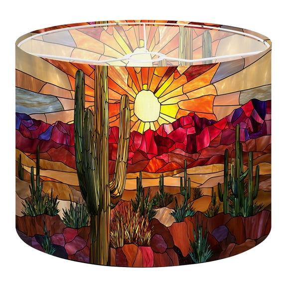 Linen Drum Lampshades Bold Stained Glass Desert Scene Saguaro Fiery Hues 13"x13"x10" Light Shade for Table Lamps Floor Lamp Shades Lampshade Replacement Assembly Required