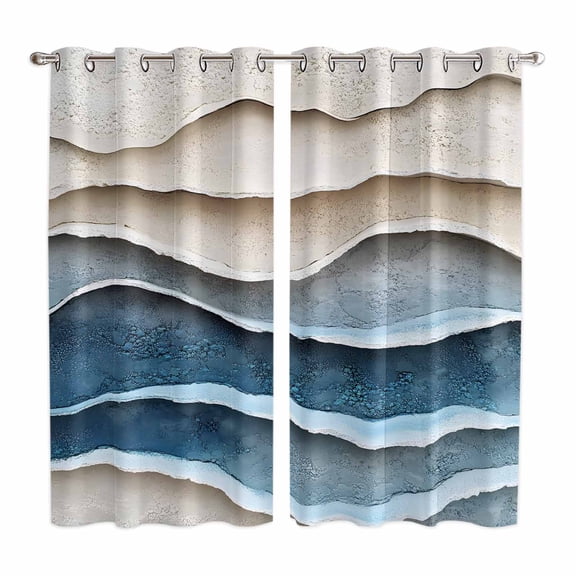 Blue Beige Kitchen Curtains 63 Inch Length, Coastal Vintage Modern Abstract Art Grommet Top Bedroom Living Room Curtains, Light Filtering Cafe Curtain Drapes 2 Panels Set 84''x63''