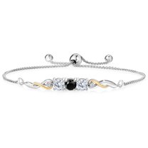 925 Sterling Silver and 10K Yellow Gold Black Onyx White Moissanite and White Lab Grown Diamond Tennis Bracelet for Women (1.50 Cttw, Gemstone December Birthstone, Fully Adjustable up to 9 inch)