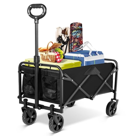 Vowella Collapsible Camp Wagon, Heavy Duty Folding Cart, Large Capacity, Quad All-Terrain Wheels, Portable for Beach, Sports & Shopping, Black
