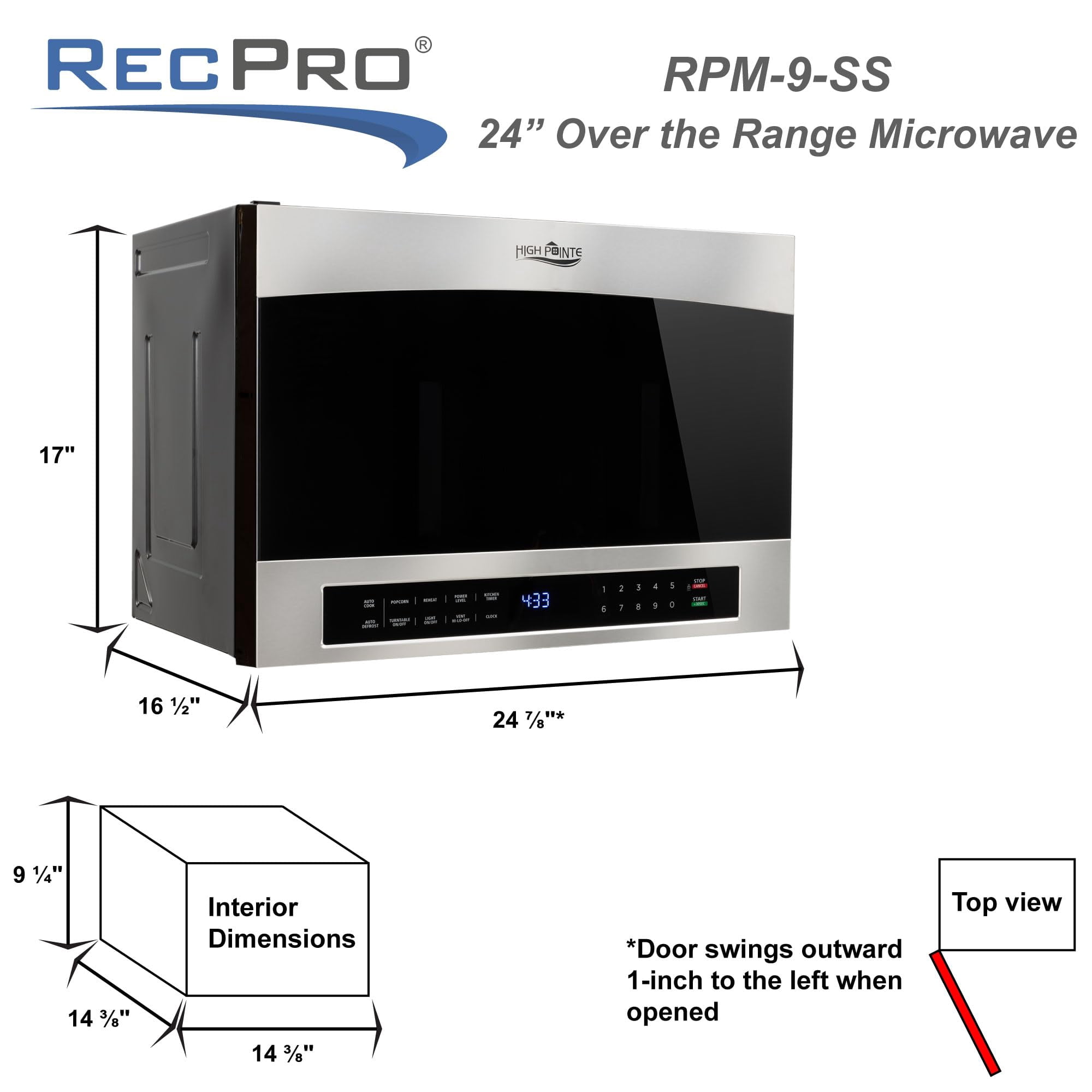 RecPro RV High Pointe 24" Stainless Steel Over the Range Microwave | 1.4 Cu. Ft. | 38L Capacity | 1000 Watts | 13.5" Turntable