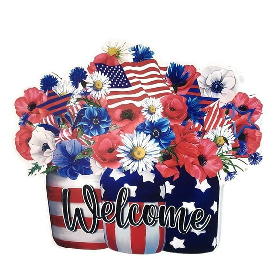 Janrevotw  1pcs July 4th Decorative Wooden Welcome Door Sign Patriotic Wall Decoration Red White And Blue Wreath American Flag Hanging Sign Independence Day Decoration Porch Wall