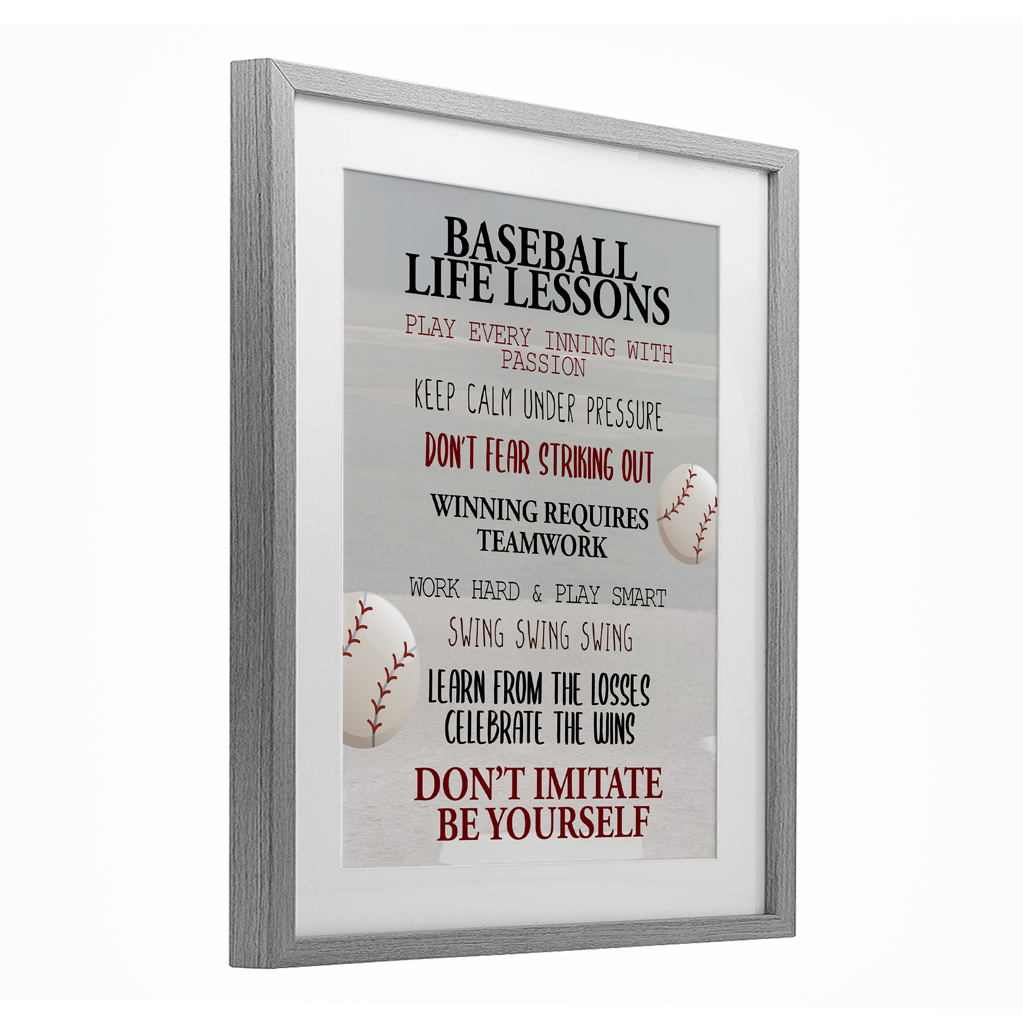 Baseball Life Lessons Gray Framed Print Under Glass, design by Kim Allen
