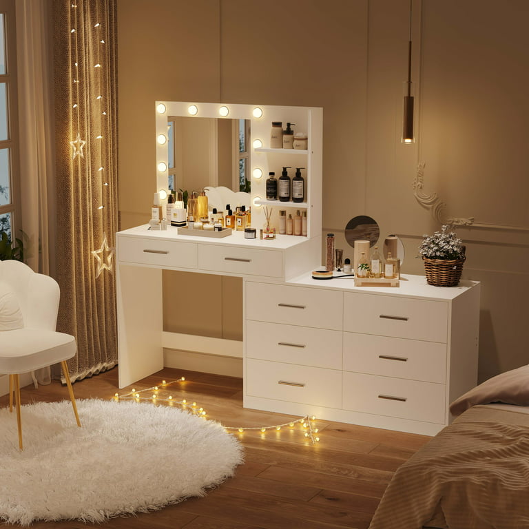 Rovaurx 65 W Makeup Vanity Desk with Mirror and 3-Color Lights, 8 Drawers Vanity  Table with Side Storage Shelf, Bedroom Dressing Table, Adjustable Width,  White 