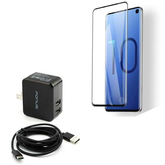 Galaxy S10  Tempered Glass Screen Protector w 17W Home Charger - [Fingerprint Works] 3D Curved Edge Full Cover, 2-Port USB 3.4A Type-C Cable for Samsung Galaxy S10