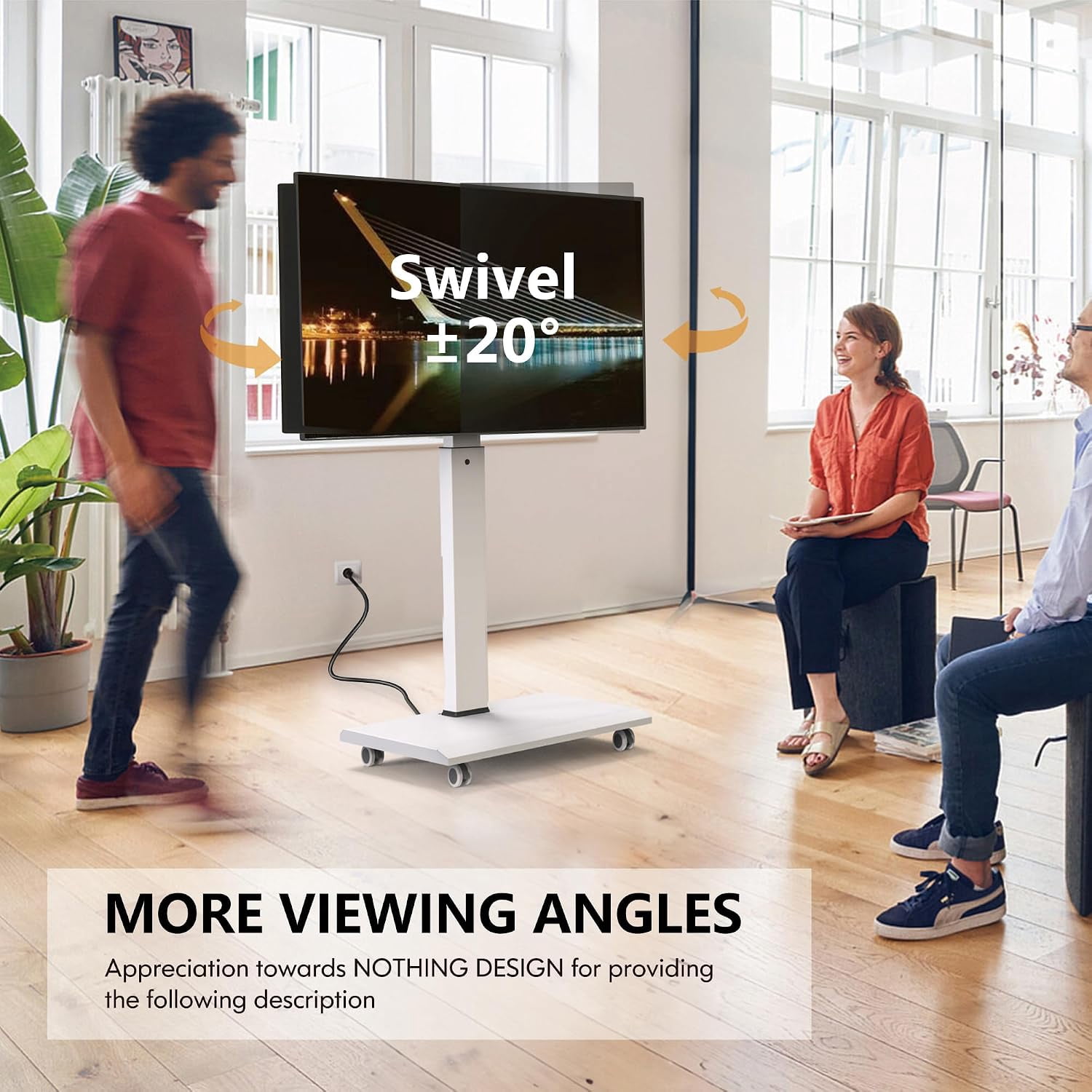 FITUEYES 2PCS Rolling TV Stand for 32–75 Inch TVs, White, Power Outlet, Portrait/Landscape Rotation
