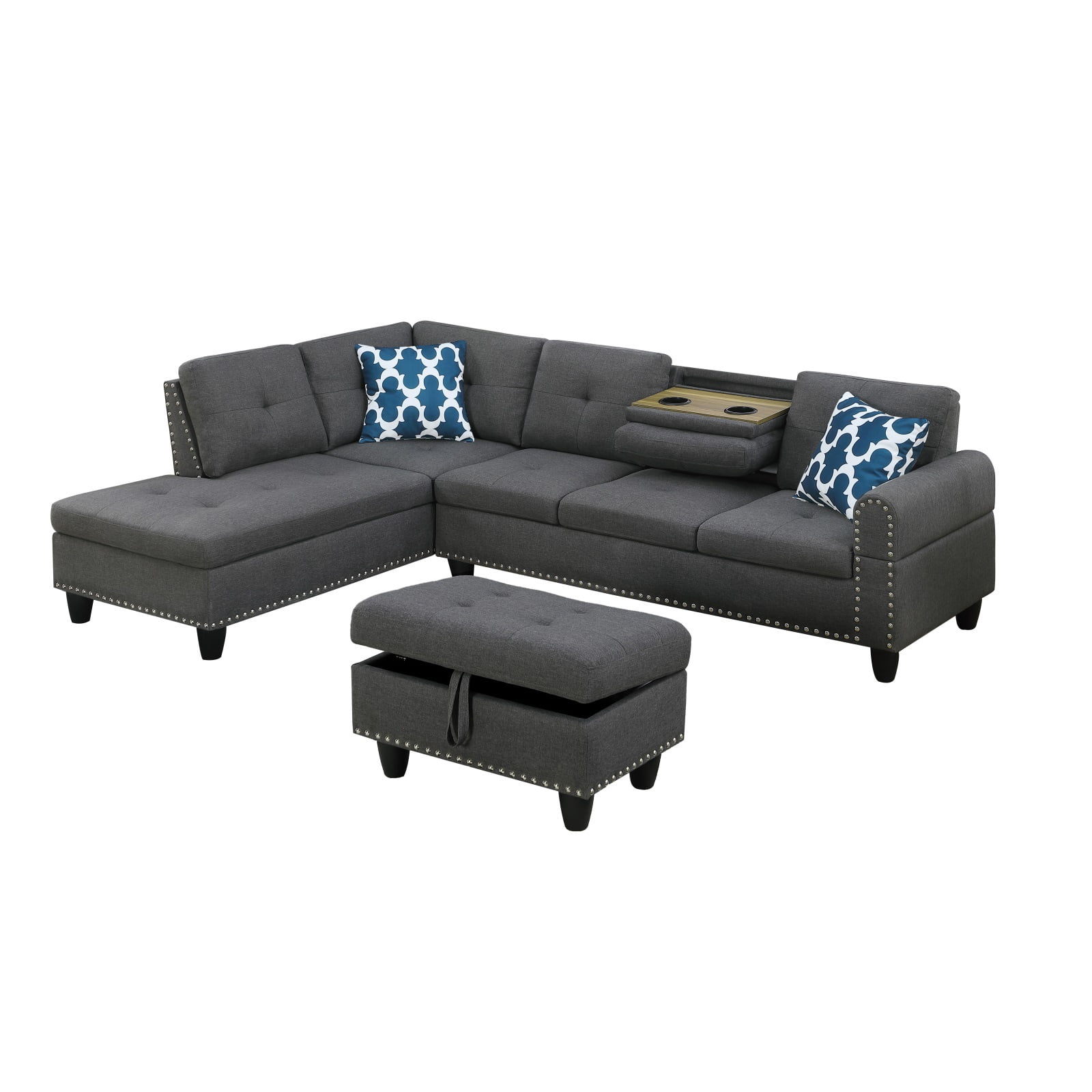 Hommoo L-Shaped Upholstered Sectional Sofa Couch with Storage & Cup Holders, Linen Living Room Sofa Set, With Ottoman, Dark Gray