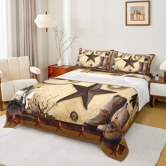 Manfei Western Cowboy Twin Sheet Sets 3pcs, Vintage Boots Hat Twin Fitted Sheet, Brown Rustic Farmhouse Flat Sheet, Ultra Soft Home Decor