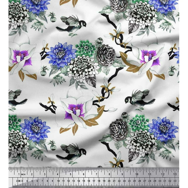 Soimoi Purple Polyester Crepe Fabric Bird,Leaves & Floral Decor Fabric Printed BTY 42 Inch Wide