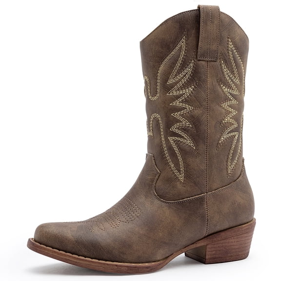 GLOBALWIN Brown Cowgirl Boots Mid Calf Cowboy Boots For Women Square Toe Western Boots With Low Heel Size 7M
