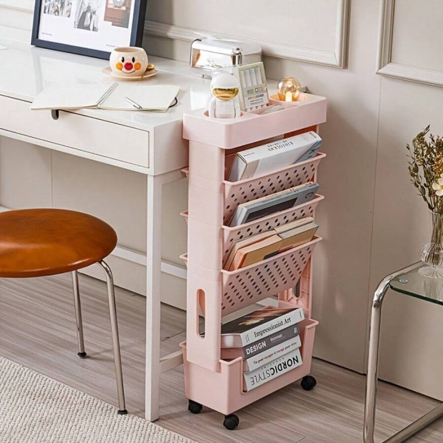 NTGFU 5-Tier Green Movable Bookshelf, Tableside Bookshelf, Book Storage Rack, File Storage Rolling Bookcase, Movable Folder Storage Cart with Wheels, Tableside Storage Cabinet with Wheels