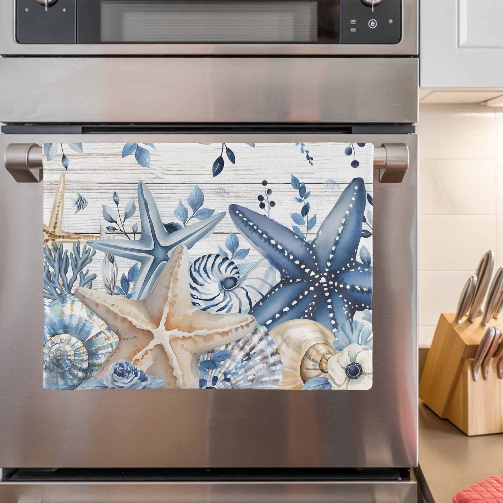 Blue Starfish Coastal Kitchen Towels Set of 4, Water Absorbent Dish Towel, Eucalyptus Summer Nautical Shell Wooden Decorative Hand Towels - Quick Drying Cloth for Cooking Baking, 18x28 Inch