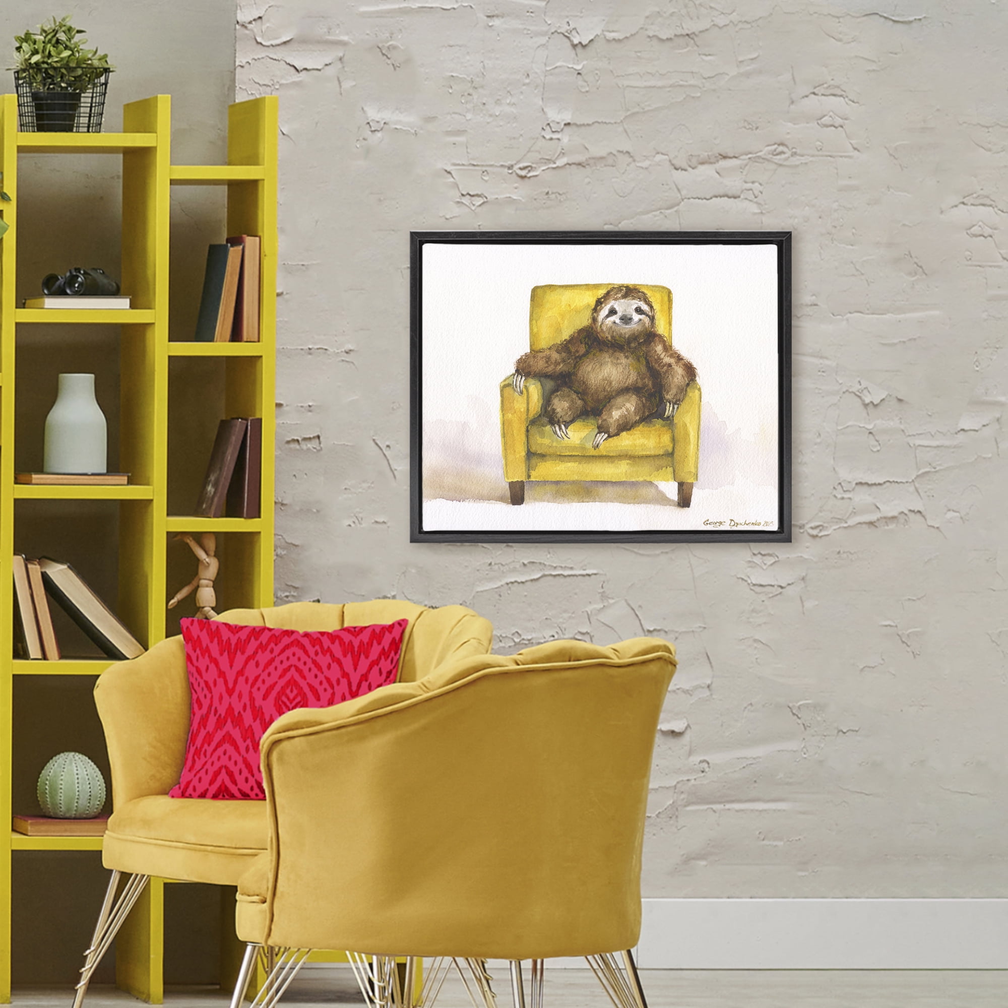 Stupell Industries Happy Sloth Relaxing on Armchair Black Framed Floater Canvas Wall Art, design by George Dyachenko