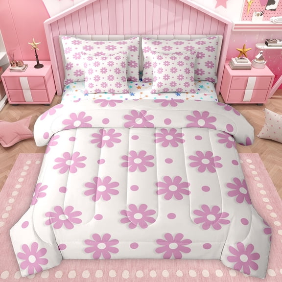 Homewish Cartoon Flower 7-Piece Twin Bedding Sets,Cute Floral Blossom Bedding Comforter Set,Pink Gray Sheet Sets For Girls,Microfiber Bedroom Decor Reversible