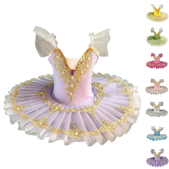 Feancey Girls Ballet Tutu Princess Dress Sequin Toddler Girl Puff Sleeve Tulle Dresses Gold Lace Trim Performance Dance Dress for Kids Beige 7 Years
