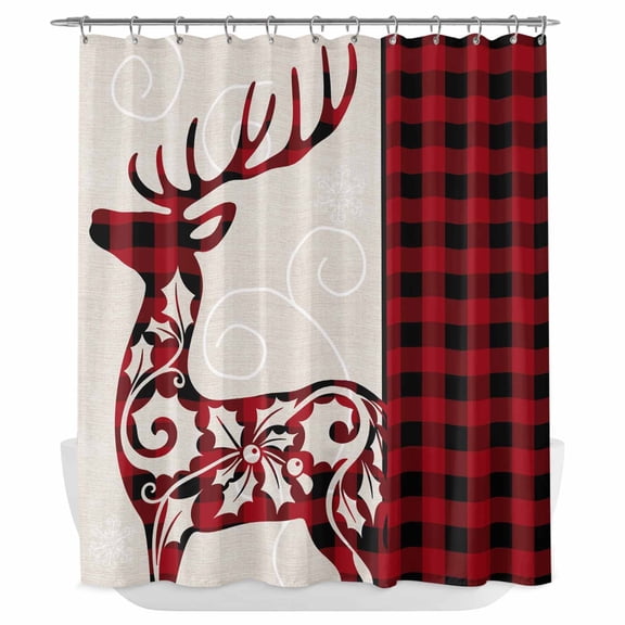 Xipuska Christmas Elk Shower Curtain - Water Repellent Fabric Shower Curtains Washable, Red Black Checkered Deer Winter Holiday Decorative Polyester Cloth Bathroom Curtains Modern Bath Decor 66"x72"