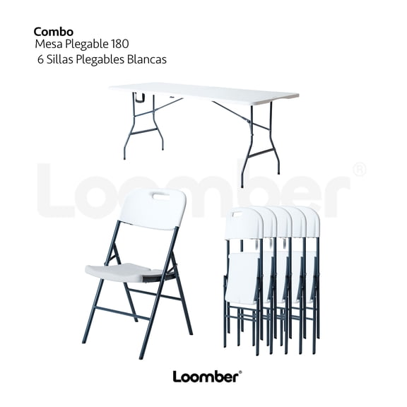 Mesa Plegable Blanca 180 cm + 6 Sillas Plegables Blancas LOOMBER