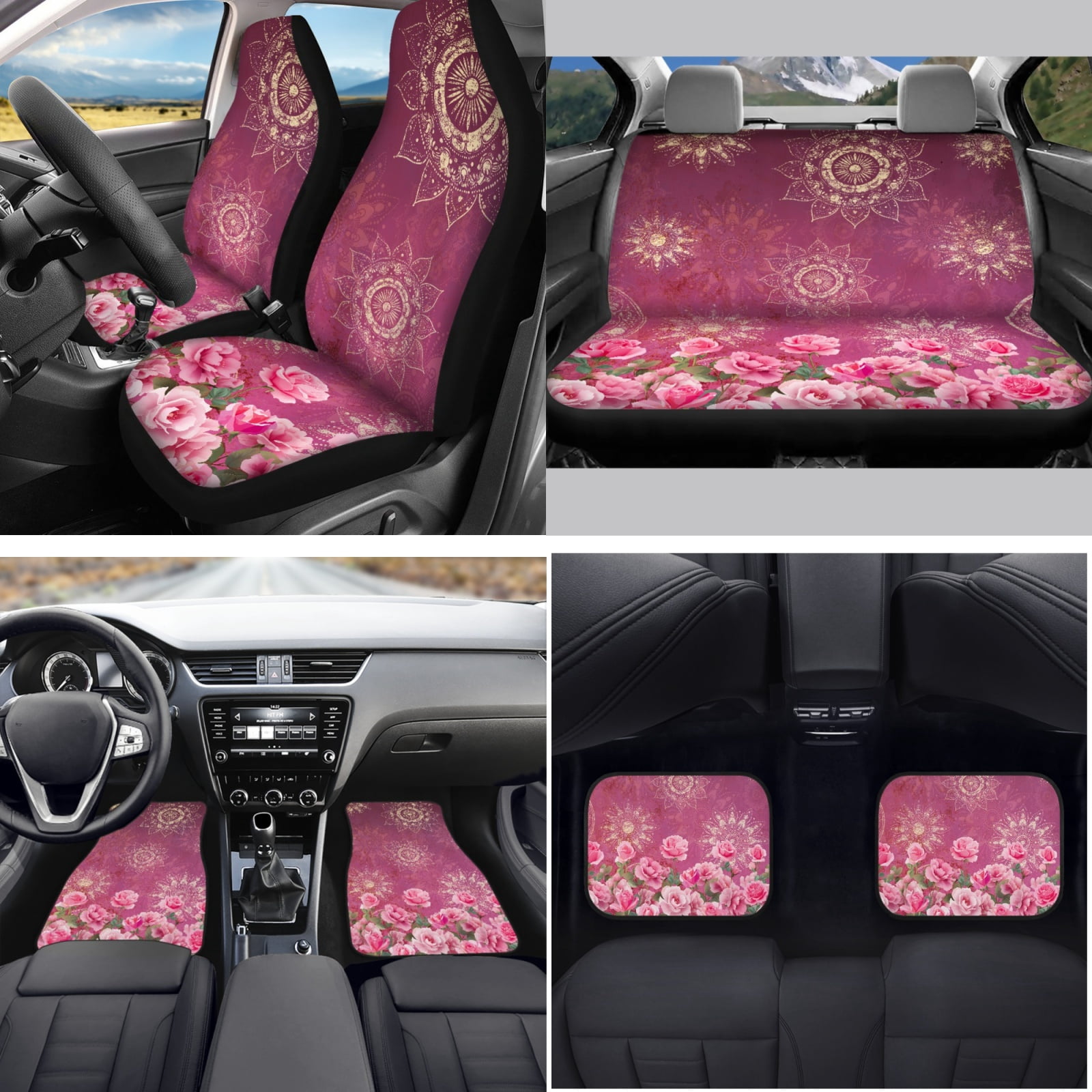 Yuyamidu Boho Flower Auto Seat Cover Set of 15 Pink Rose Car Floor Mats Steering Wheel Cover Seatbelt Pad Cup Holders Handbrake Cover Set for SUV Van Truck