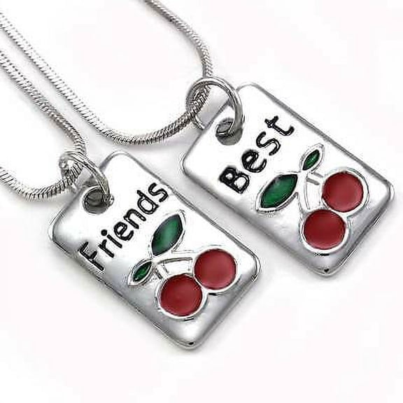 Cherry Fruit Best Friends Forever BFF Pendant Necklace Charm Silver Tone Dog Tag