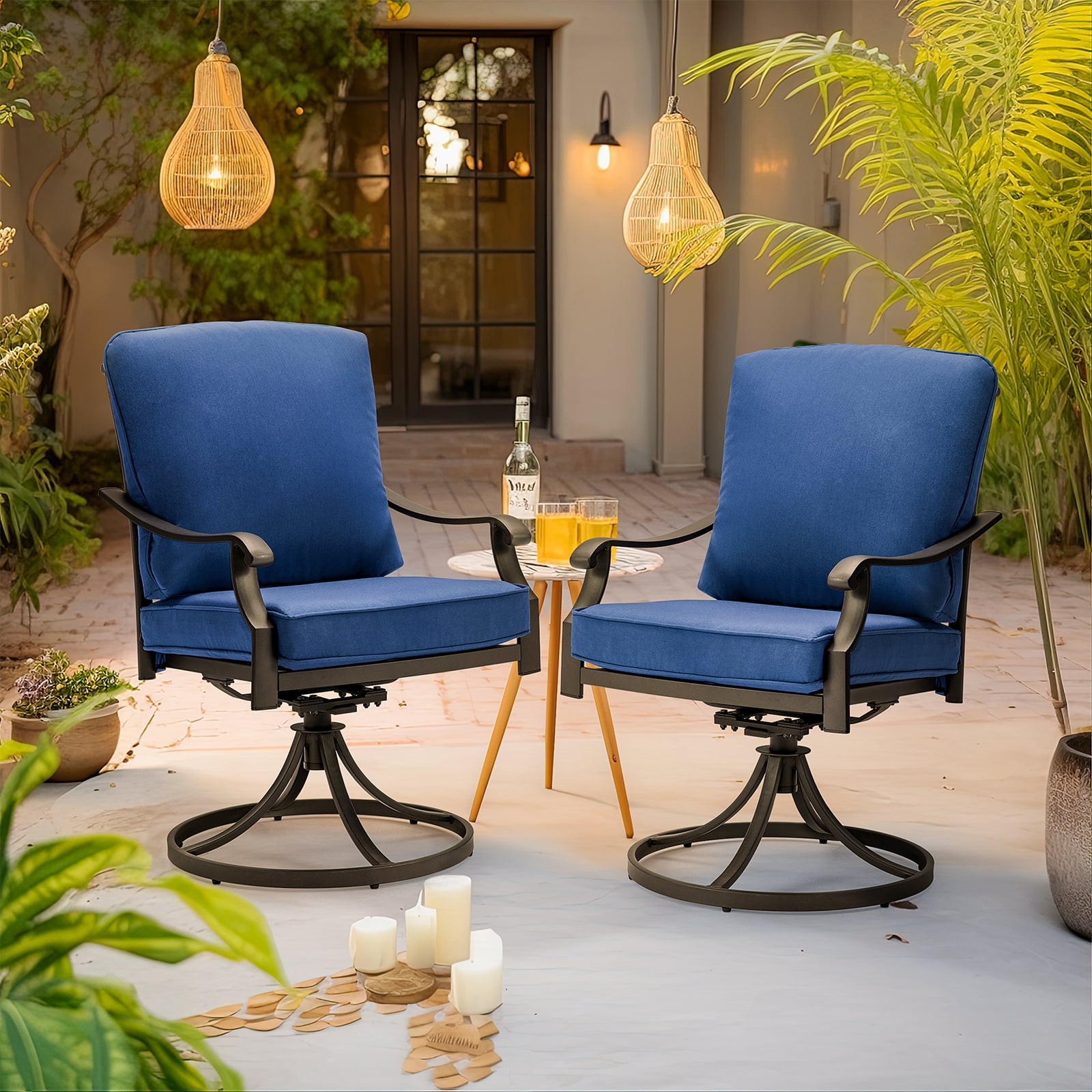 MELLCOM Patio Swivel Chair Set of 2, Heavy Duty Outdoor Dining Chairs with Thickened Cushions, Metal Patio Chairs Gentle Rocker for Outside, Garden Lawn & Porch, Backyard, Blue