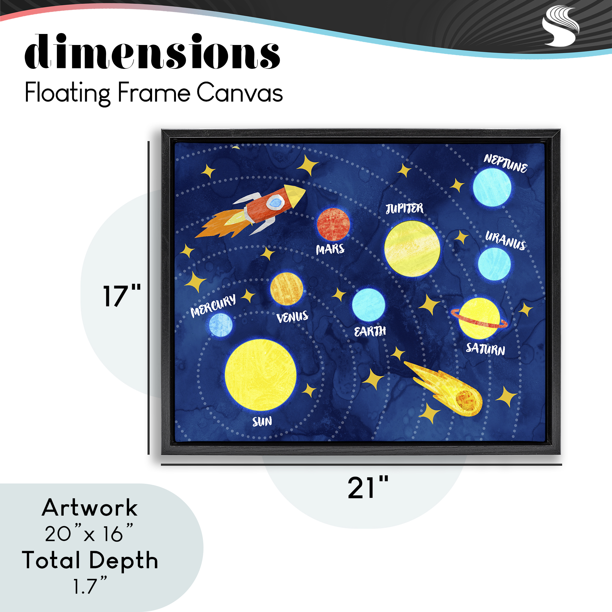 Rocket Across Solar System Black Framed Floater Canvas Wall Art, design by Daphne Polselli
