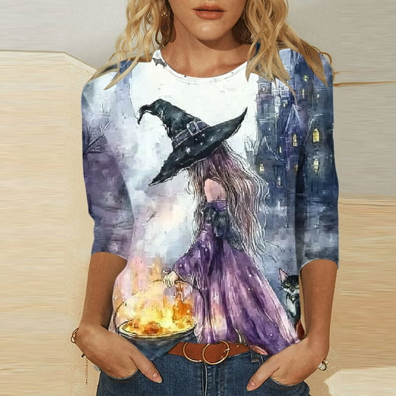 VKOYWKM Women Halloween Tops 3/4 Sleeve Halloween Witch Graphic Tees Casual Round Neck Loose Fit Fall Top Spooky Print Tshirt Blouses