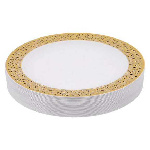 Gold Disposable Plastic Plates -Lace Design Wedding Plastic Plates,Gold Lace Plates Salad/Dessert Plates 25Pack-7.5Inch