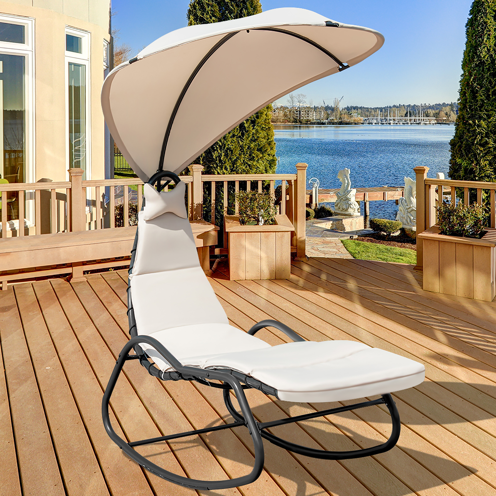 Costway  Patio Hanging Chaise Lounge Swing Canopy Cushion Beige - image 2 of 8