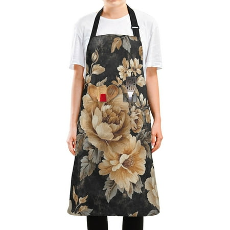 

WOBOGO Brown and Beige Flowers Pattern Long Apron Waterdrop Resistant with 2 Pockets Cooking Kitchen Chef Apron for Women Men