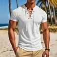 thumbnail image 2 of Miluxas Men's Waffle Knit Lace-Up Henley Shirt, Short Sleeve Summer Casual Top, Stand Collar Drawstring Tee for Spring & Summer Daily Wear White XL(XL), 2 of 9