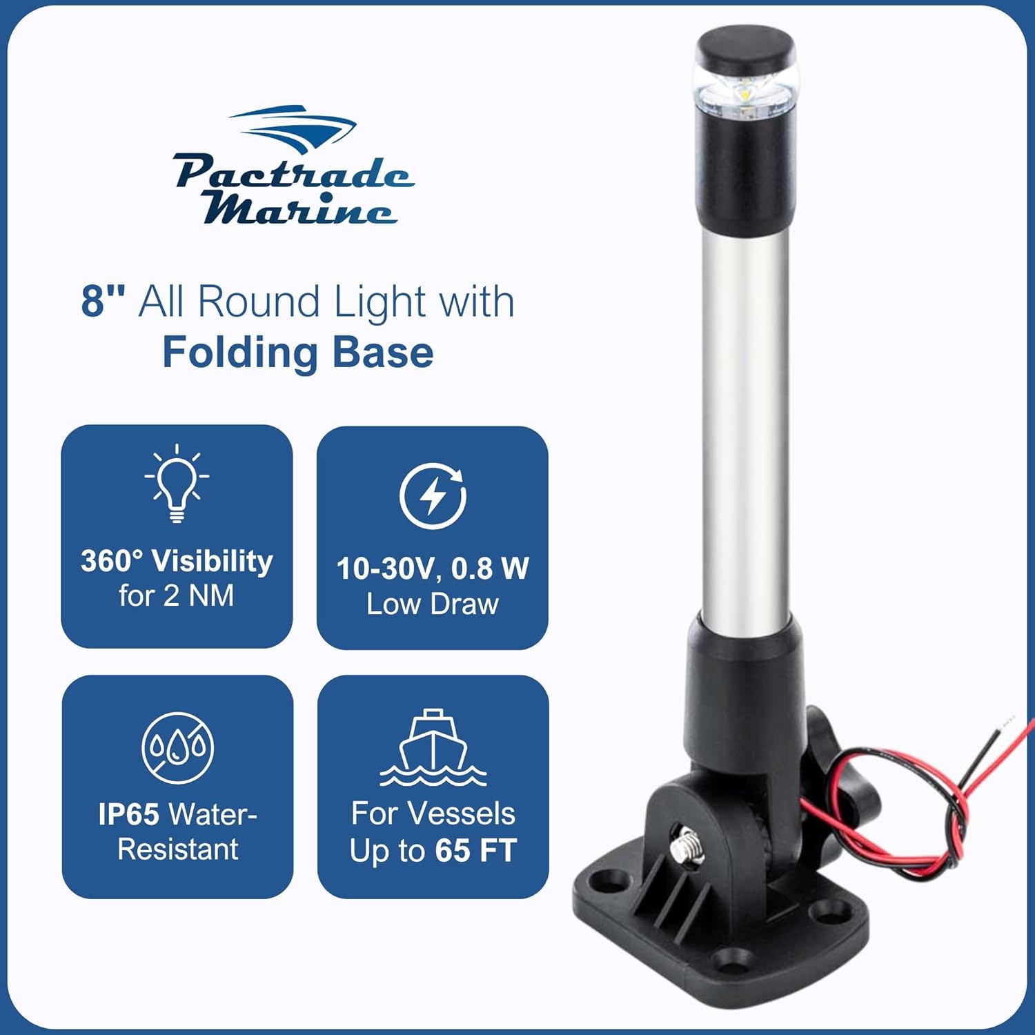 Pactrade Marine Navigation Lights for Boats LED - 8 Inch All-Round Stern Light (Folding Base, Surface Mount) for Night Boating - 52-Lumen Pontoon, Kayak, Jon Boat Accessories (DC10-30V)