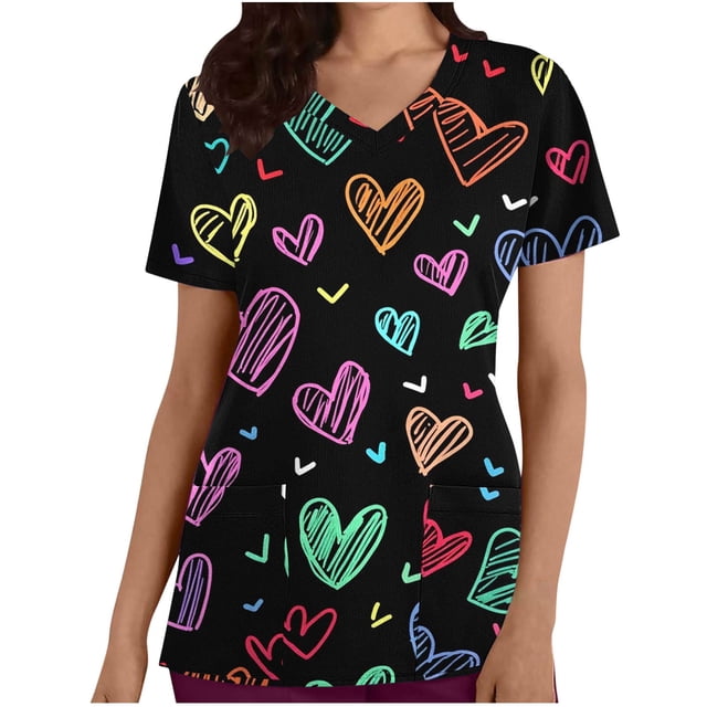 Mujeres Manga Corta Tops Cuello en V Impresión Bolsillo Casual Enfermería Uniforme Blusa, Transpirable Diario Tee