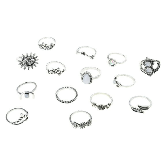 ROCKROK 14 Pieces Boho Vintage Silver Flower Leaves Finger Rings Set for Girlfriend
