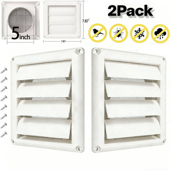 YMWVH 5" Dryer Vent Cover for Exterior Wall Vent Hood Outlet Airflow Dryer Air Vent with Screen Includes  Screw for Easy Installation (2Pack White)