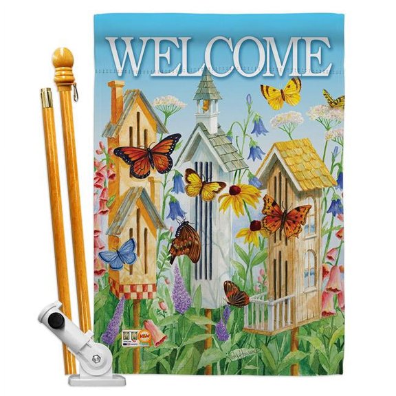 Breeze Decor BD-SH-HS-100047-IP-BO-D-US12-AM 28 x 40 in. Welcome Butterfly Houses Inspirational Sweet Home Impressions Decorative Vertical Double Sided House Flag Set with Pole Bracket Hardware