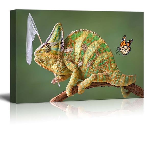 Canvas Prints Wall Art - A Veiled Chameleon is Trying to Catch Some Butterflies - 12" x 18"