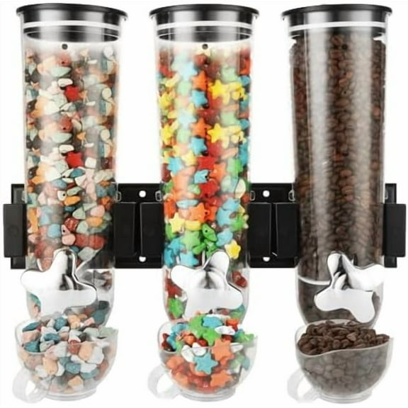 Triple Cereal Dispenser Wall Mounted Snack Dispensers with 3 Cups Wall Candy Dispenser Wall Mounted Large Dry Food Dispensers for Pantry Snack Beans, 5L
