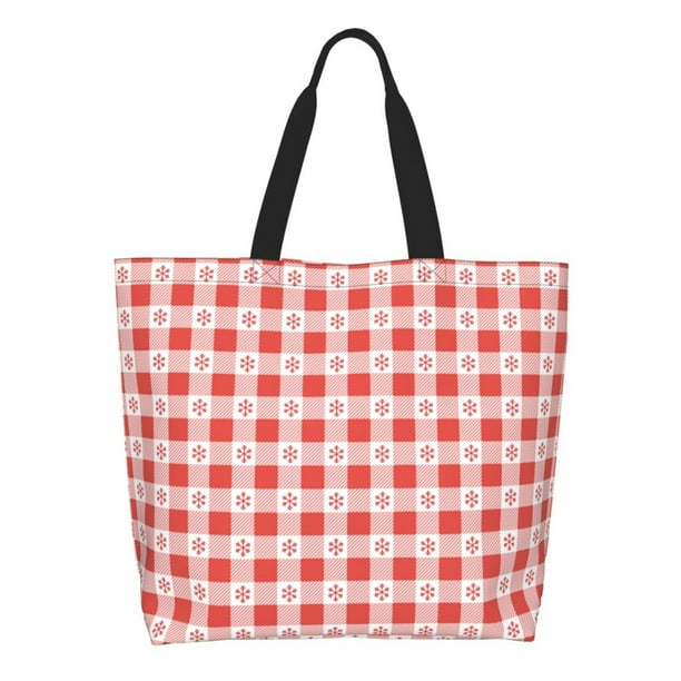 Fotbe Checkered Christmas With Snowflakes Bolsa Tote Estética de Lona con Estampado para Mujer - Bolsa Reutilizable de Hombro Casual para Vacaciones, Compras, Trabajo y Gimnasio