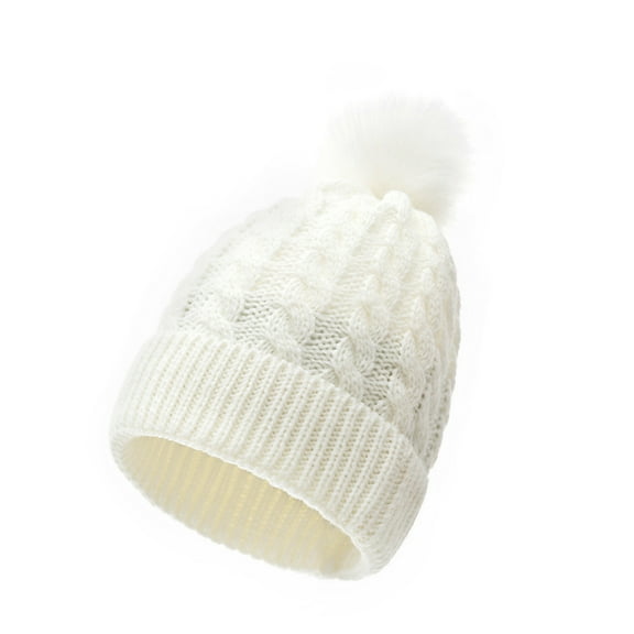 Outfmvch Beanie Winter Hats For Women Kids Winter Hat Toddler Knitted Pom Beanie Hat Cotton Lined Faux Cap Baby Girls Boys Hat Beanies White One Size