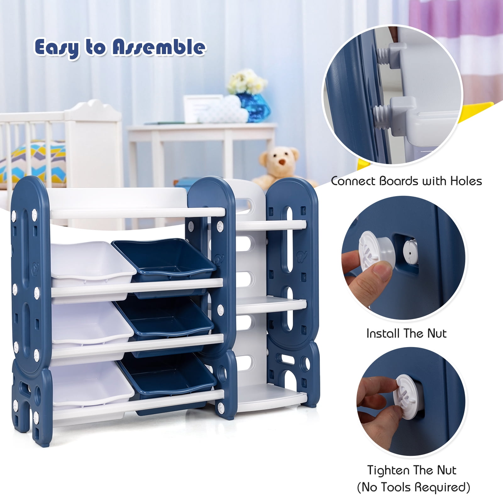 Infans Kids Toy Storage Organizer w/ Bins & Multi-Layer Shelf for Bedroom Playroom Blue