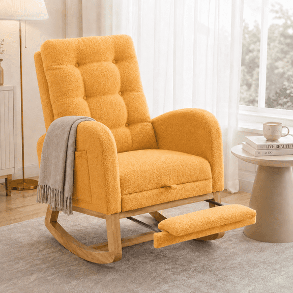 UHOMEPRO Modern Teddy Rocking Chair, Accent Rocker Chair with Solid Wood Frame, High Backrest, Pull-Out Footrest, Side Pocket, Accent Glider Rocker for Living Room Bedroom Nursery, Orange