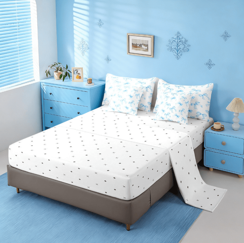 Manfei Sky Blue Bow 7 Pieces Bedding Comforter Set For Kids Girls,Cute Dreamy Princess Style Full Bedding Set Bow Pattern Comforter Reversible