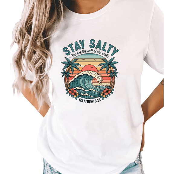 White Stay Salty Matthew 5:13 Christian Beach Print T-Shirt Graphic Tees Shirts Summer Streetwear S-5XL Mystical Tops