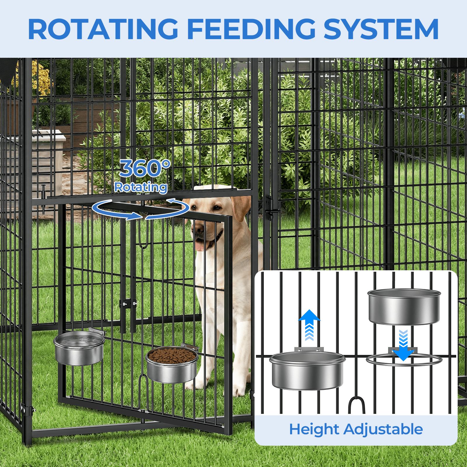 Suchown Dog Kennel Outdoor with Roof – Heavy Duty Dog Run, Large Dog Crate with Waterproof Cover, Rotating Feeder & Secure Lock, Expandable Dog Fence for Small to Large Dogs, 4' x 4.25' x 4.5'
