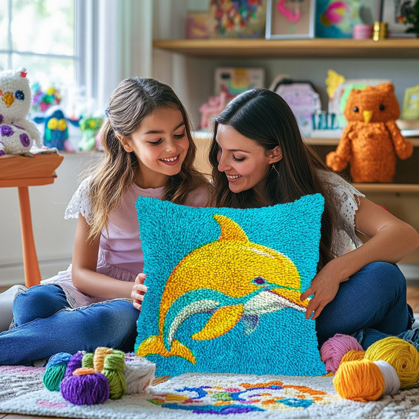 Cartoon Cute Dolphin DIY Latch Hook Pillow Kits for Adults Printed Pillowcase Crochet Yarns Hooking Handmade Pillow Cover Cushion for Home Sofa Decoration 17x17inch(2)