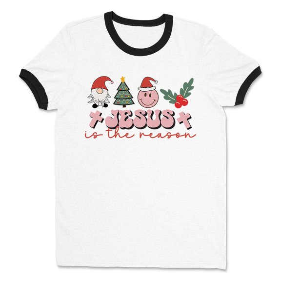 Smiley Jesus Is the Reason Christmas Ringer Tee Shirt Unisex Large White/Black