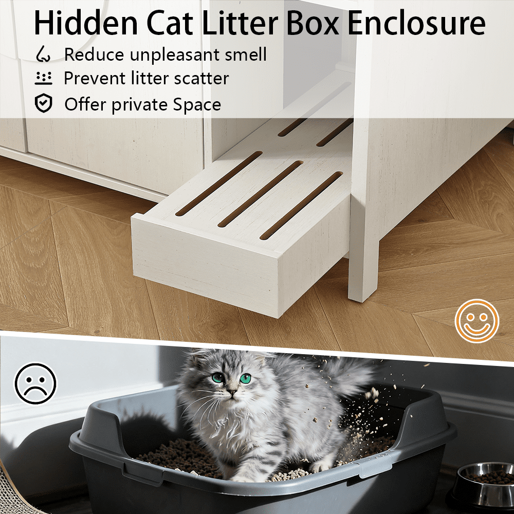 Cat-Faced Litter Enclosure for Placing Cat Robot 3/4, Power Outlet for More Choices, Litter Collector and Dog-Proof Adjustable Shelf (Antique White)
