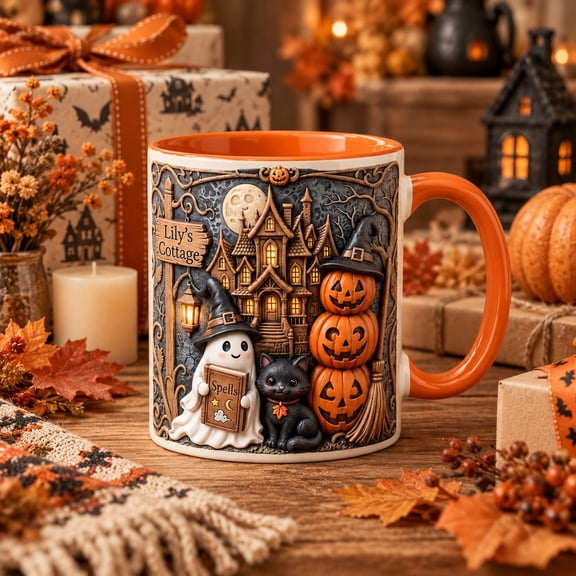 Halloween Mug Ghost and Pumpkin Witch Design for Cozy Autumn Drinks, Spooky Season Gift