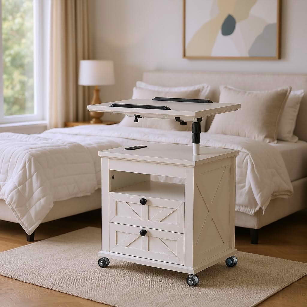 MAYEERTY White Nightstand with Lockable Wheels, Multiple Storage Drawers USB Port for Living Room