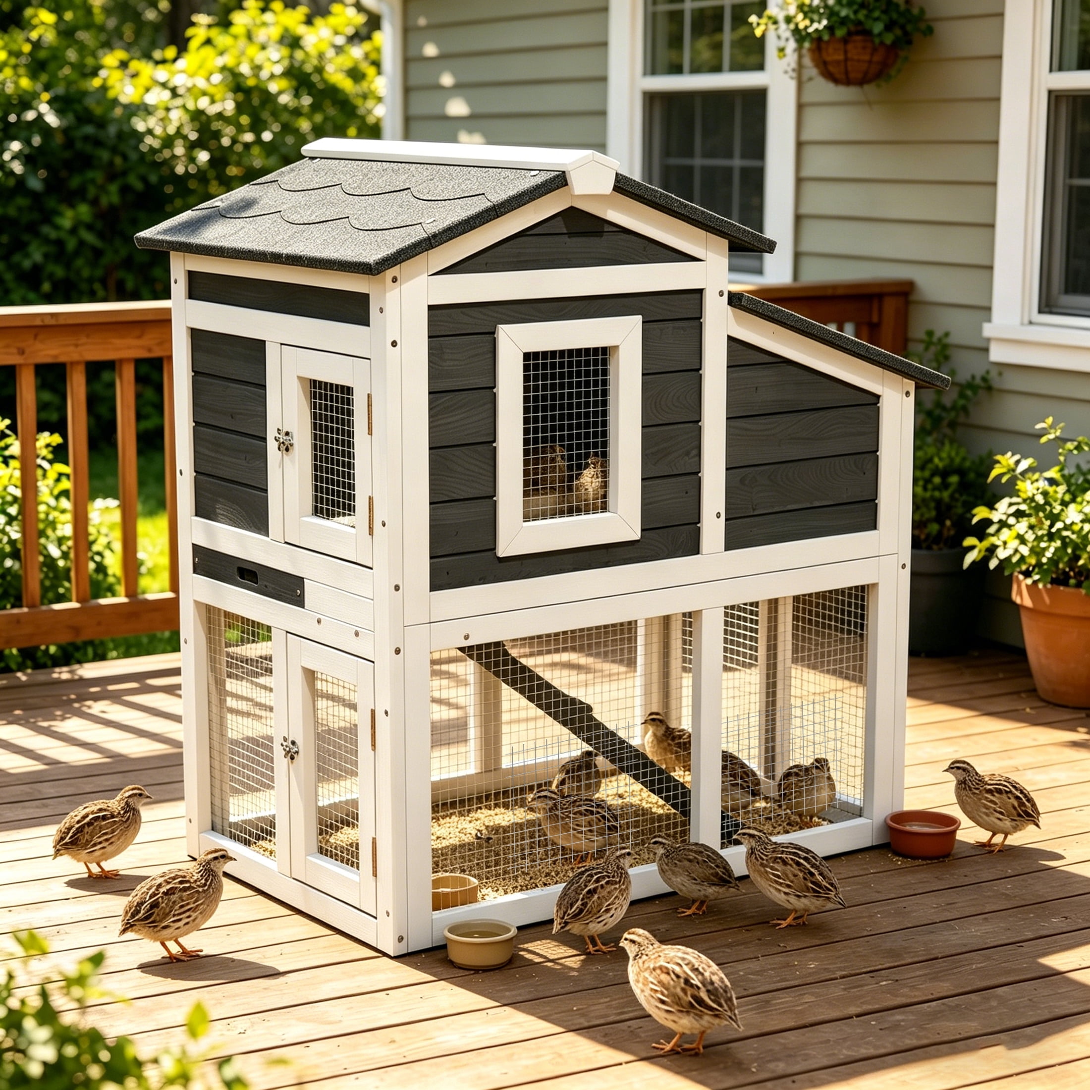 Outdoor Weatherproof 2-Tier Quail Cage with Pull Out Tray & Open Roof, Suitable for 6 Quails, Black & White